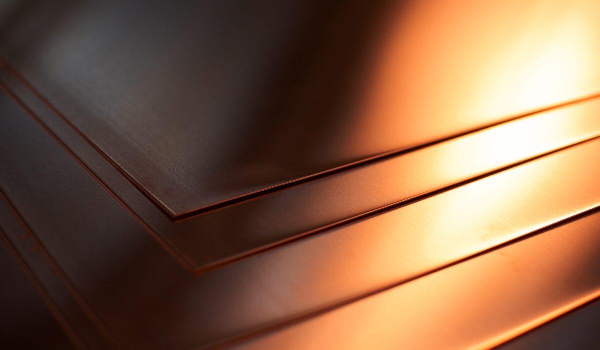 Many copper sheets, warehouse copper plates. close up